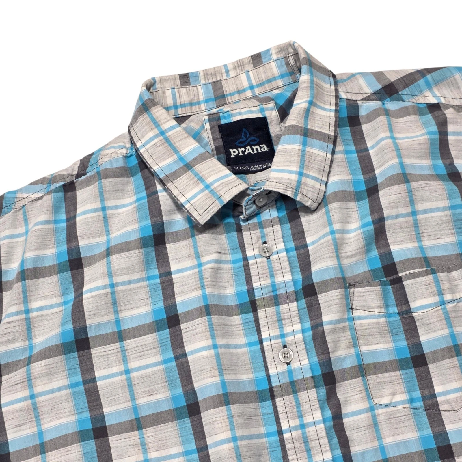 Prana Shirt Mens XXL Blue Plaid Short Sleeve Button Up Hiking Outdoor Casual