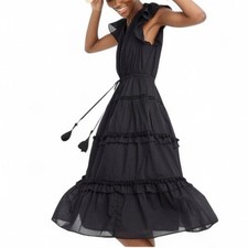 J Crew black pom-pom midi dress cotton voile w flutter sleeves v-neck Size 4