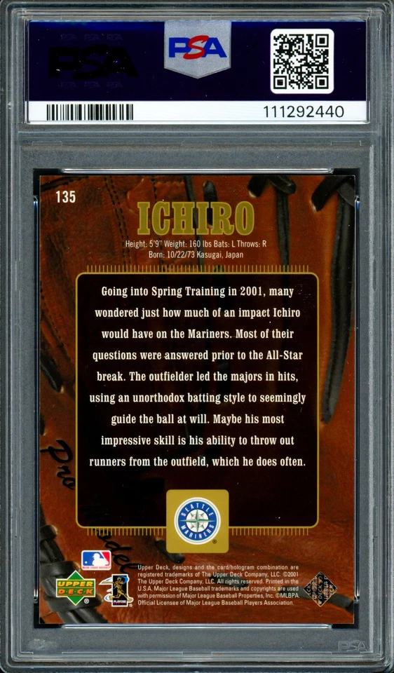 Ichiro Suzuki Auto 2001 Upper Deck Gold Glove RC 135 PSA 7 Sig 10 #/500 PSA/DNA - Image 2 of 2