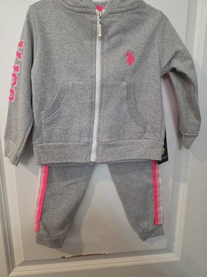 U. S. Polo Assn. Cute Girls 2 Piece Hooded Outfit Sweatsuit 2T Pink And Gray