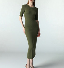 Camila Coelho Rib Knit Midi Dress Womens Size Medium Olive Green Stretch Bodycon