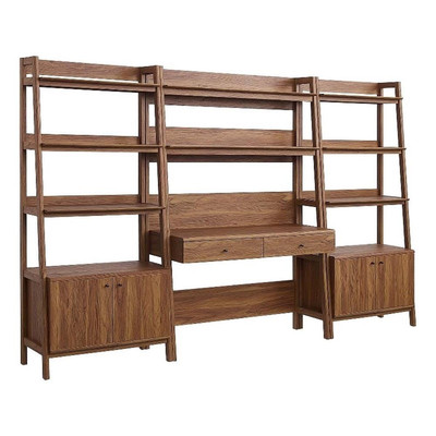 Modway Bixby 3-Piece Wood Office Desk and Bookshelf in Walnut
