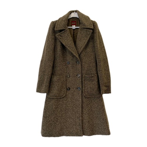 Kenzo Paris Wool Herringbone Long Coat Women’s FR 38 S Brown Double Breasted#119