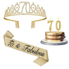 70th Birthday Decorations for Women Gold with Sash and Tiara, Gold Number Candle