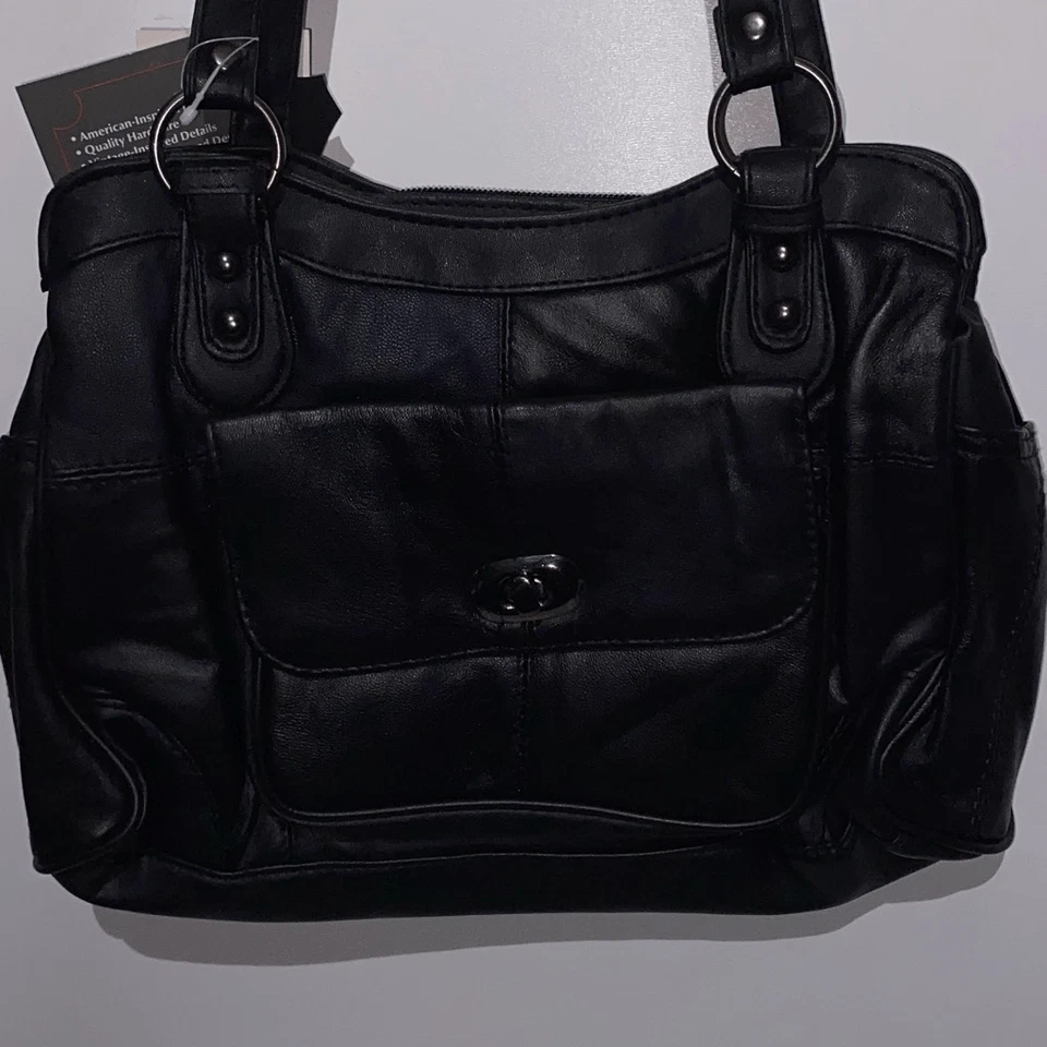 Bolso de hombro Embassy para mujer de cuero genuino negro con cremallera doble correa OS NUEVO CON ETIQUETAS Foto 3 de 4