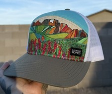 Indian Paintbrush Olive Turquoise Hat- Recycled Mesh- Katherine Homes- Trucker