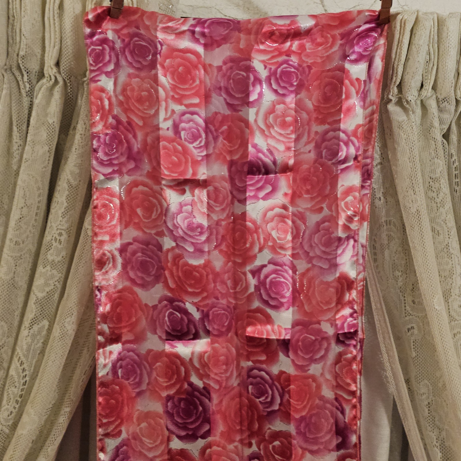 Vintage Pink Purple Roses Silver Brocade Satin Sheer 58 1/2