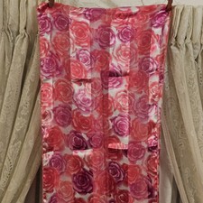 Vintage Pink Purple Roses Silver Brocade Satin Sheer 58 1/2" x 12 1/2" Scarf