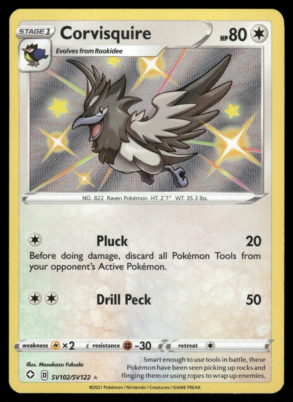 Corvisquire Shining Fates SV102/SV122 Shiny Holo Rare Pokémon Card
