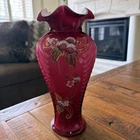 Fenton Berries of Wild Rose Vase Cranberry White HandPainted Signed Ltd Edition