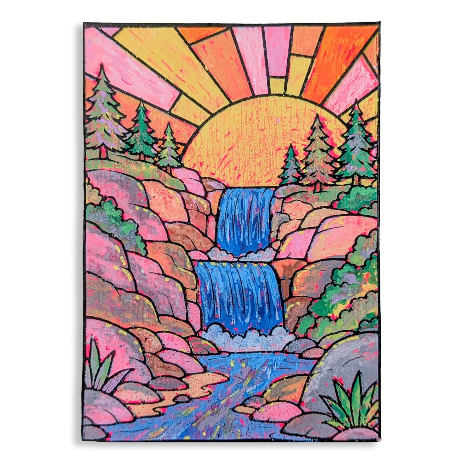 ACEO Original Painting – Waterfall Sunrise Sunset Landscape Ceramink