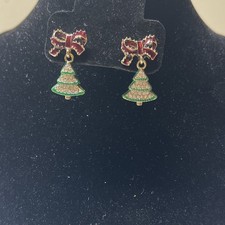 Christmas Bow Tree Stud Dangle Earrings Butterfly Back Gold Tone Red Green