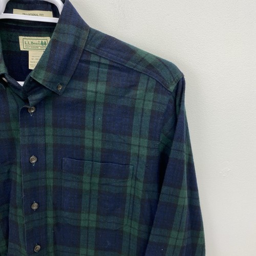 LL Bean Shirt Mens Memium Scotch Plaid Tartan Green Flannel Cotton Long Sleeve - Picture 6 of 11