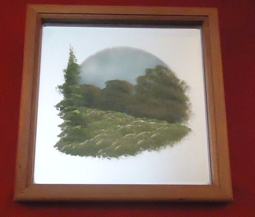 Framed Mirror With Painted Forrest Mountain Scene 14X14X1.5 Inches