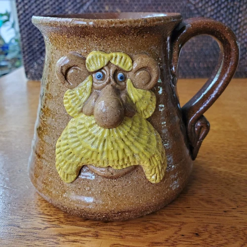 Vintage 1970s Ulgy Funny Face Stoneware Handthrown Pottery Mug 3D Signed Artist