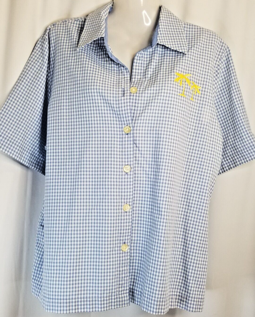 Karen Scott Womens Blue Check Embroidered Palm Tree Blouse Size L