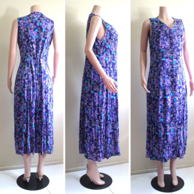 Vintage Sleeveless Purple Floral Rayon Dress 14 L Button Ties Back Coco Bianco