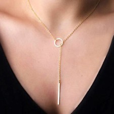 Collar Lariat Cadena Larga Fina Simple Delicado Círculo Y Gota Plata Oro