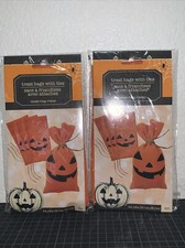  8 NIP Halloween Pumpkin Face Fabric 4  x8  Treat Bag With Ties FREE US SHIP 