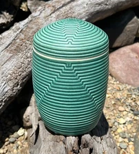 NICHIBEI STUDIO ART POTTERY LIDDED JAR CARVED MATTE GREEN SEBASTOPOL CALIFORNIA