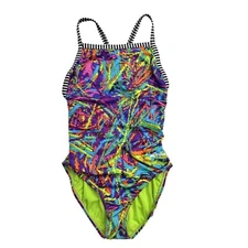 VTG Dolfin Uglies Woman 32 One Piece Swimwear Groovy Neon Multicolor Cutout Back