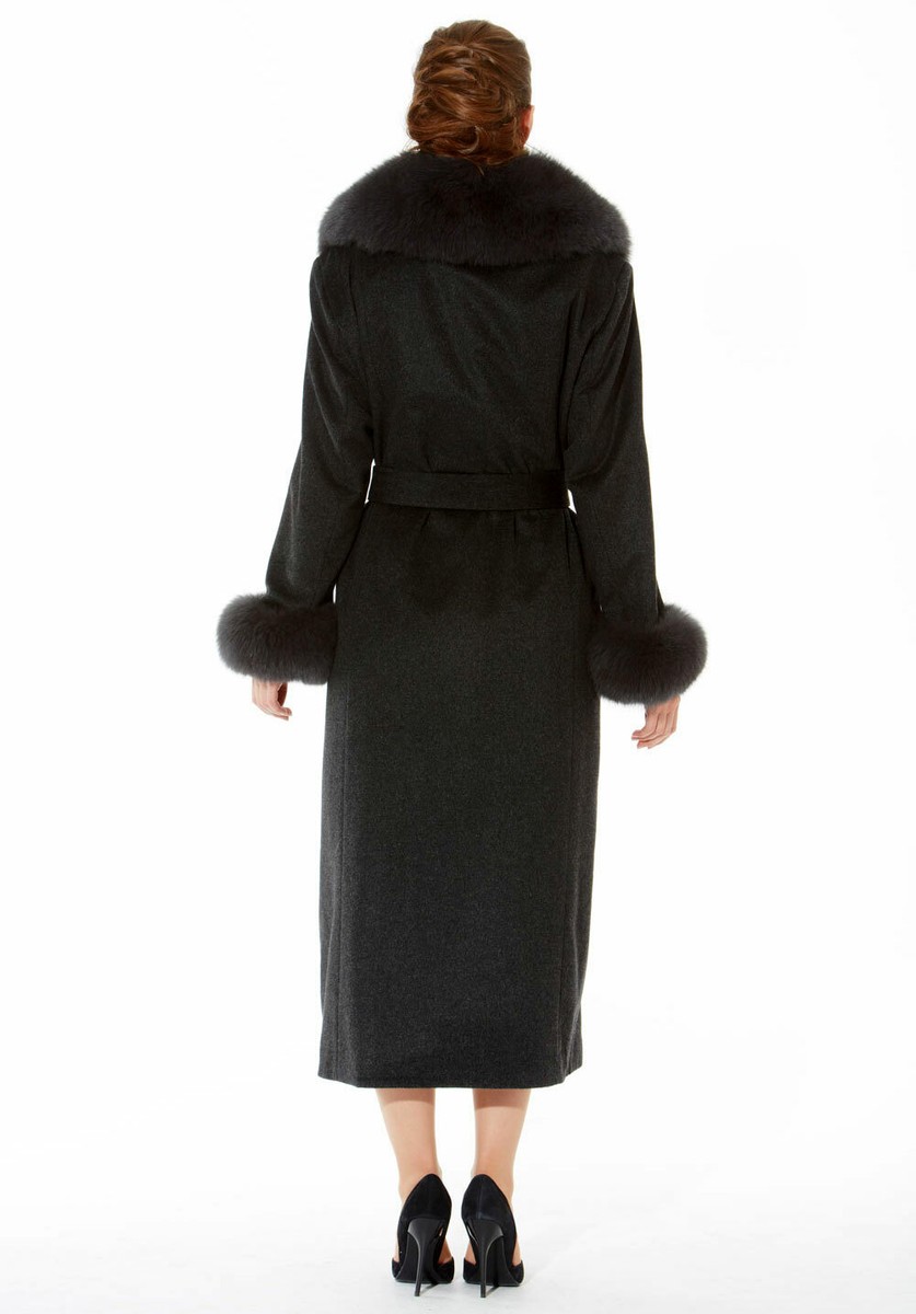 Fox Fur Collar and Cuffs Full Length Long Cashmere Coat for Women