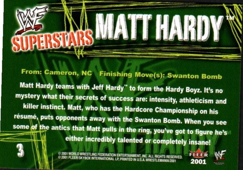 2001 Fleer WWF Wrestlemania Championship Gold Insert #3 Matt Hardy - Picture 2 of 2