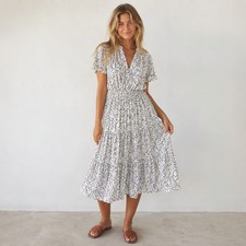 Lulus Floral Cottagecore Maxi Dress Coastal Prairie Boho Medium White Blue Pink