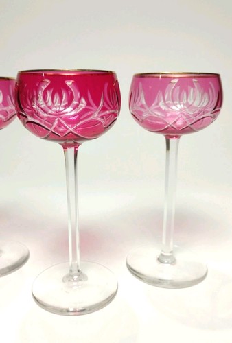 Vintage Red Cranberry Crystal Wine Glasses Cut To Clear w/ Gold Rim 7" Set of 4 - Picture 4 of 11