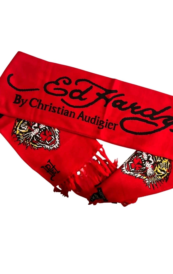 Vintage Ed Hardy by Christian Audigier Tiger Striped Red Fringed Scarf 9"x70" - Image 2 of 4
