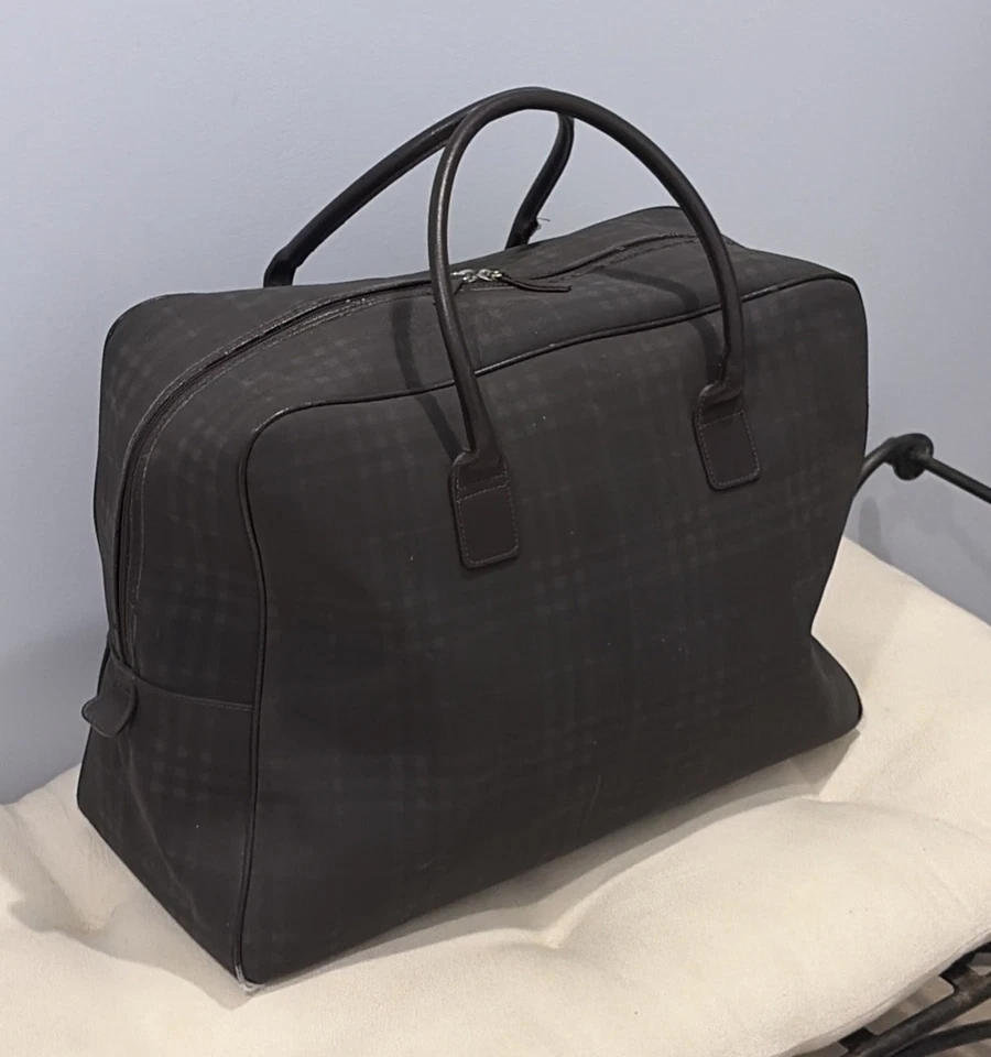 Vintage Burberry 20" Weekender Bag Smoked Check w/ Leather Trim Made In England - Image 4 of 4