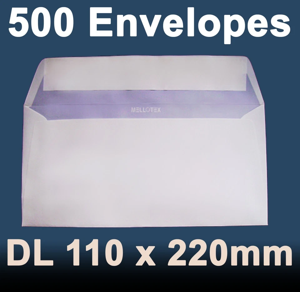 MELLOTEX Envelopes DL White PLAIN (No Window) Peel Seal flaps slight blue tint