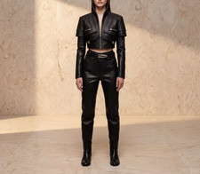 Black Leather Cropped Jacket and Pants Set Biker Style Genuine Leather Outfit
