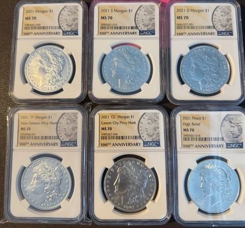 2021 $1 Morgan and Peace Silver Dollar 6pc Set NGC MS70 FDI 100th Anni. Label