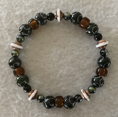 Handmade Mens Carved Black Jade & Glass Beaded Stretch Bracelet/8.5  Length