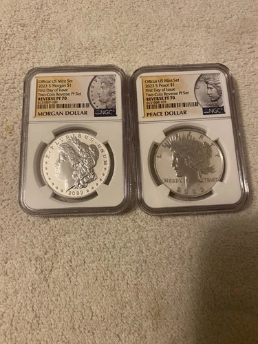 2023-S Reverse Proof $1 Morgan and Peace Dollar 2pc Set NGC PF70 FDI First Day%