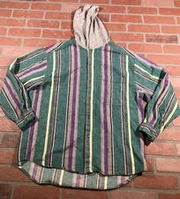 VINTAGE SOSTANZA STRIPED HOODED BUTTON UP GRUNGE SKATE MID WEIGHT MED 90s SHIRT