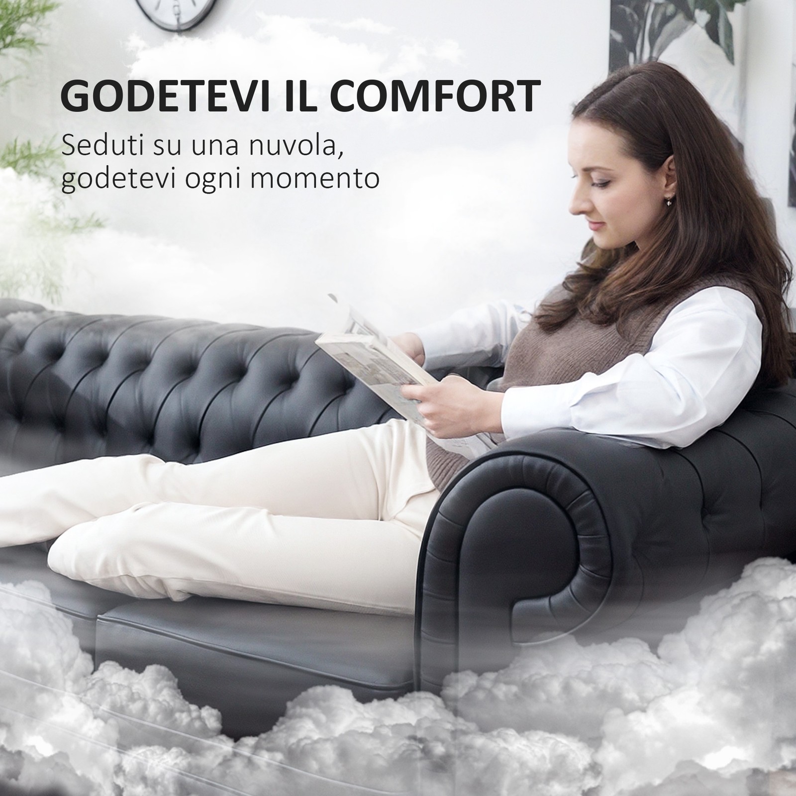 HOMCOM Divano 3 Posti Stile Chesterfield Trapuntato in Finta Pelle Nero foto 5