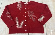 VTG Susan Bristol Wool Sweater Cardigan Medium Red Floral Beaded Cottage Granny