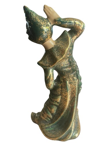 VTG 1950s Gilner CA Ceramic Balinese Dancer Figurine Speckled Green Gold 8.5” - Picture 4 of 8