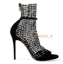 Occident Womens Peep Toe Stiletto Heel Sandals Rhinestone Mesh Party Shoes Chic