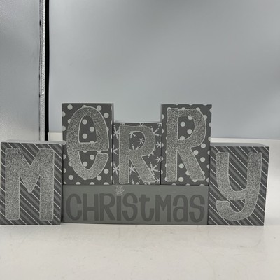 MERRY CHRISTMAS Silver Wooden Blocks Home Decor Glitter