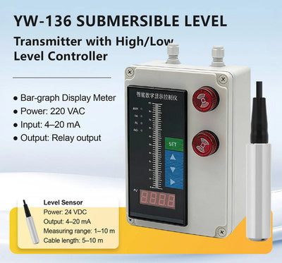 Submersible Water Level Sensor 4-20mA YW136 IP68 High Low Controller Transmitter