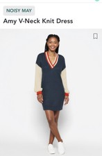 Noisy May Textured Knit Amy Dress V-neck Varsity Long Sleeve Navy White Size XL