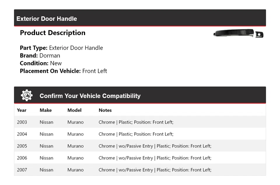 Manija de puerta exterior delantera izquierda para Nissan Murano Dorman 2003-2007 2004 2005 Foto 2 de 4