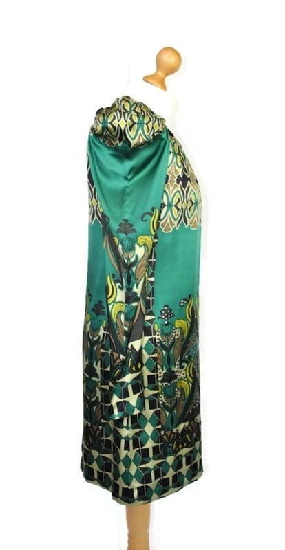 Designer Derhy Stylish Green Art Deco Pattern Silk Embellished Shift Dress S - Image 3 of 4