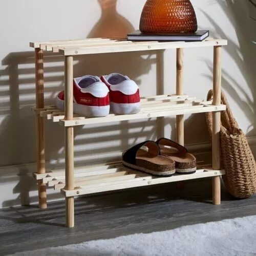 3 Tier Wooden Shoe Rack Free Standing Organizer Shelf Storage Hallway Lounge UK