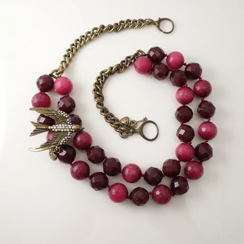 Collar Fósil Arándano Rosa Corindón Facetado Doble Hilo Pájaro 21" Bronce Foto 2 de 4