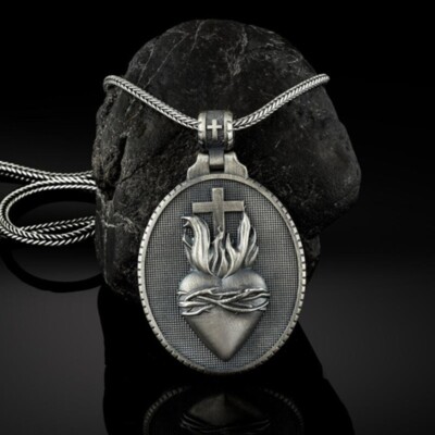Sacred Heart of Jesus Silver Christian Catholic 2-Sides Pendant Jewelry ...