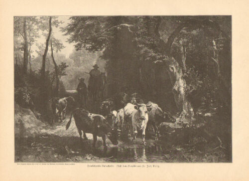 Escena de granja, pastoreo de ganado, por la corriente, estampado de arte antiguo alemán vintage de 1893 - Imagen 1 de 1